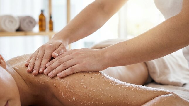 Therapist hands applying an exfoliating salt body scrub to the back of a relaxed woman in a spa