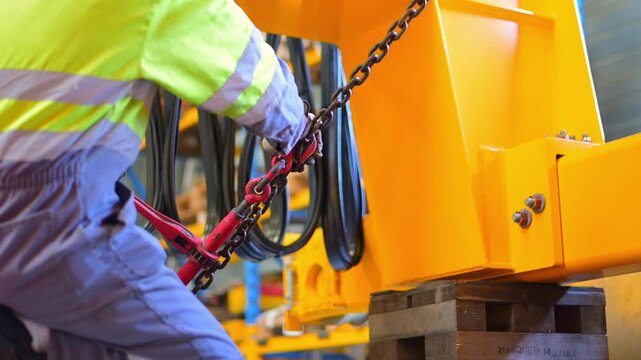 Industrial worker tightening safety chains on an overhead crane in slow motion, highlighting precision, heavy equipment security