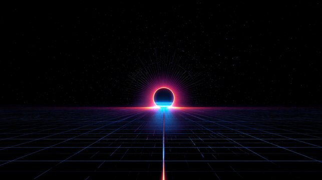 Glitchy portal pulses with neon red and blue light. Grid lines stretch toward a glowing, tunnel-like entrance. Stars dot the dark, infinite void behind. Cyberpunk vibe evokes mystery