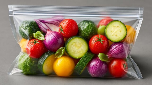 Colorful assortment of fresh vegetables including tomatoes, cucumbers, and onions packed in a clear plastic ziplock bag on a gray background