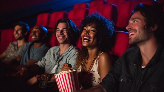 Group laughs together in dimly lit cinema hall. Bright smiles shine as they enjoy movie night. Red seats surround them, cozy and inviting. Popcorn bucket held in shared joy. Perfect for advertising