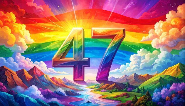 A vibrant number "47" with rainbow colors, placed against a colorful sky, mountains, clouds, and a river