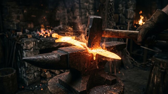 Glowing liquid gold sword forging itself by melting the dark hammer that strikes it, representing self-creation and enduring extreme hardship.