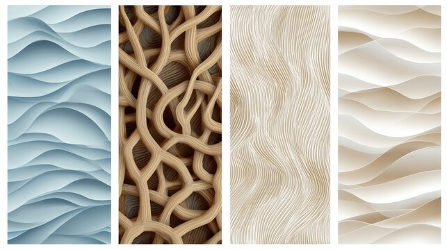 Waves ripple softly across textured surfaces. Woven patterns swirl like living vines. Gentle curves mimic nature's quiet grace. Subtle lines suggest calm, fluid motion. Ideal for design, background