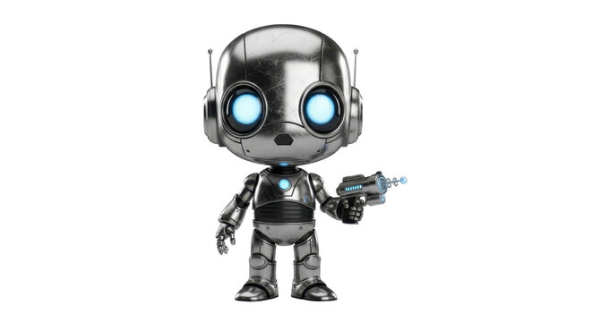 Cute silver robot holding futuristic blaster