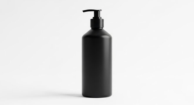 A black dispenser bottle stands alone on a plain surface indoors.