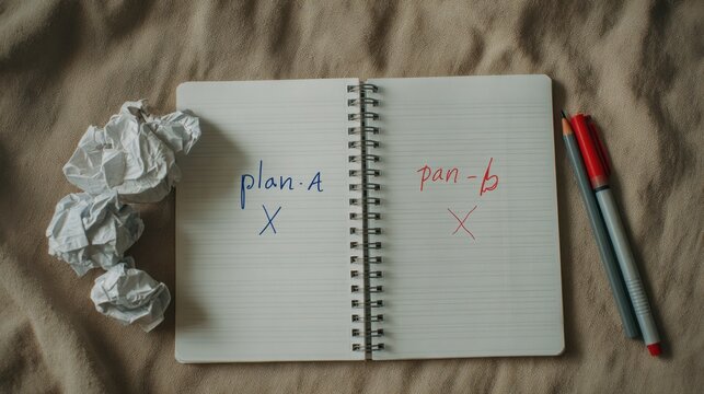Overhead view of a spiral notebook with failed plan a and plan b written inside, crumpled papers, and pens resting on a textured brown cloth surface