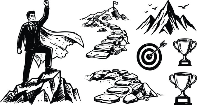 Line art businessman with cape standing on peak next to stepping stone path target and trophies