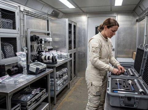 Astronaut prepares lunar mission tools in space lab room