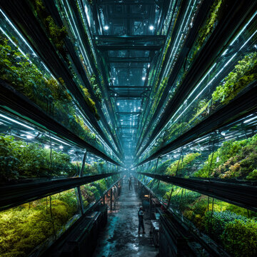 Vertical farming futuristic indoor agricultural facility with lush green plants under bright artificial lights in a modern and sustainable ecosystem