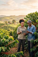 Obraz premium Smiling female agronomist and senior farmer collaborating with a digital tablet in a lush coffee plantation at sunset
