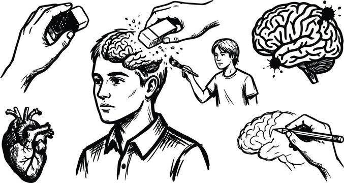 Black and white line art boy with brain being erased painted and drawn by hands