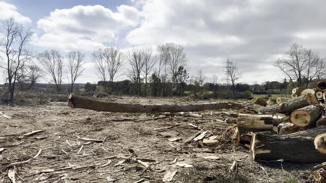 Deforestation aftermath with felled trees