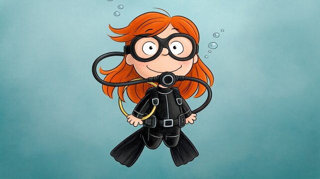 Cartoon illustration of a young girl with red hair wearing a black scuba diving suit and mask, underwater with bubbles surrounding her in a light blue background