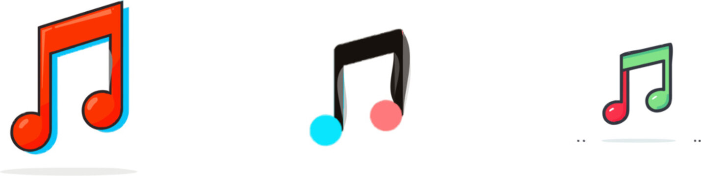 A vibrant floating musical eighth note in flat vector style, isolated on a pure white background with clean sharp edges, embodies the essence of minimalistic graphic design