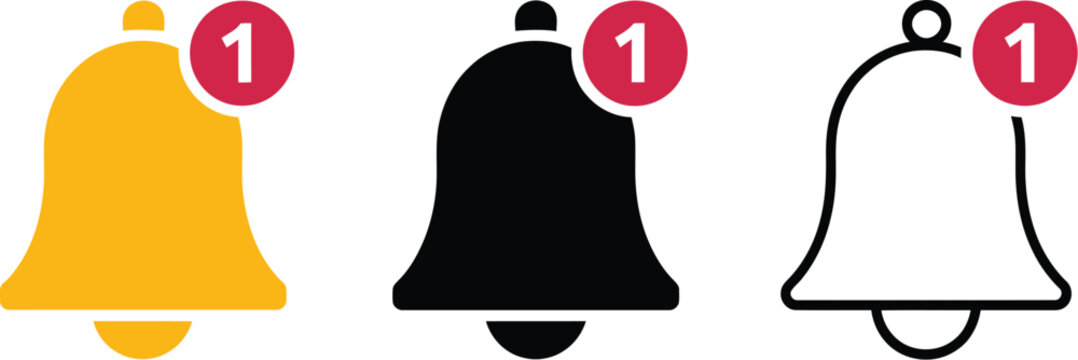 Notification bell icon, incoming inbox message and new message notification symbols for alerts, communication updates, email messaging systems