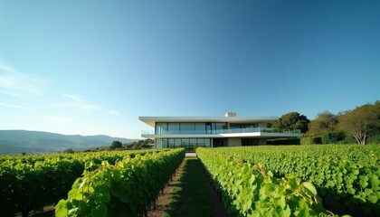 Obraz premium Modern house with large windows sits on vineyard hill. Green grape rows stretch to distant mountains under clear blue sky. Sunny day at luxury estate.