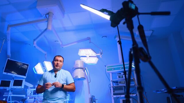 Doctor Presents Medical Vlog Beside Camera In Operating Room. Doctor in scrubs speaks near camera silhouette, operating room lights, monitors and blue illumination.