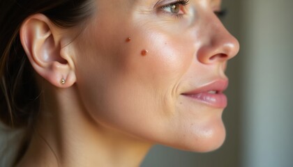 Fototapeta premium Close up side profile of woman showing skin texture and pigment spots on cheek. Natural facial complexion with slight wrinkles visible. Soft neutral background with subtle lighting.
