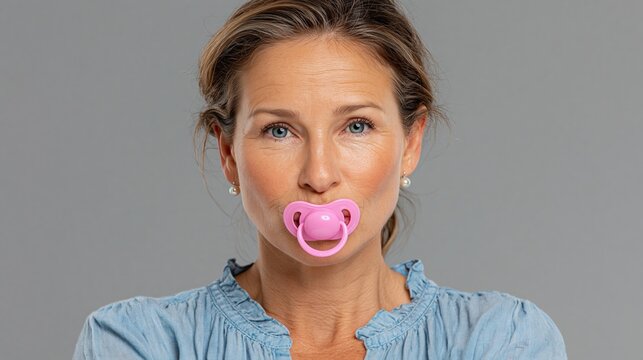 Adult woman with light brown hair wearing a blue blouse poses with a pink pacifier in her mouth against a gray background, arms crossed in a playful manner