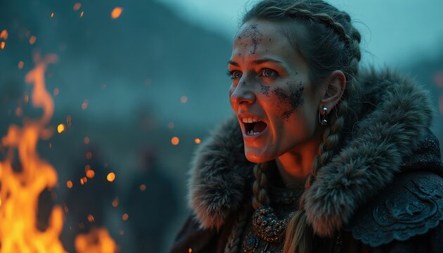 Woman in viking attire sings by fire. Smoke and embers fill the twilight air. She wears braids and a fur trimmed cloak. Her face shows emotion, yelling loudly. Battle scars are visible.