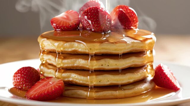 This shows a mouthwatering stack of pancakes topped with syrup and strawberries on a white plate, set in a cozy breakfast environment. The pancakes are steaming hot, covered in a rich golden syrup and
