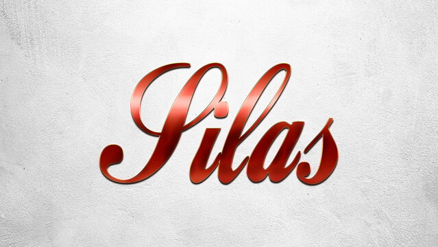 Red 3D text effect of name Silas on silver background.	
