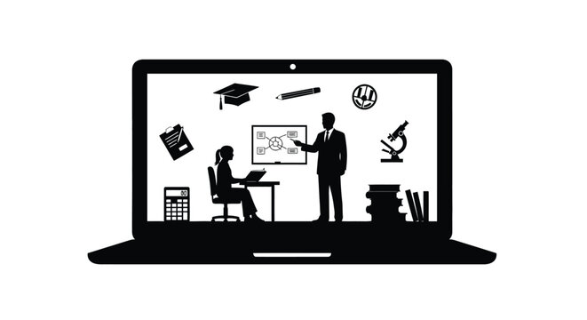 Vector graphic illustration of online education with a laptop and teacher student interaction design