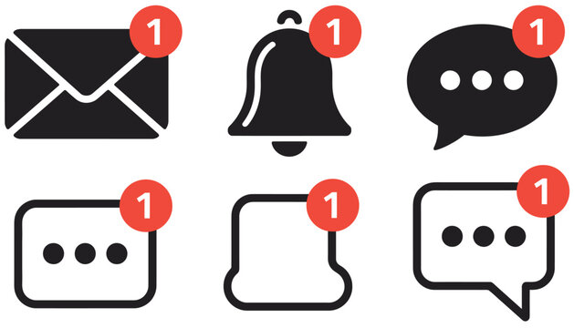 New message and email notification icons collection, social media chat alert symbols for inbox updates, messaging apps, push notifications and communication interface