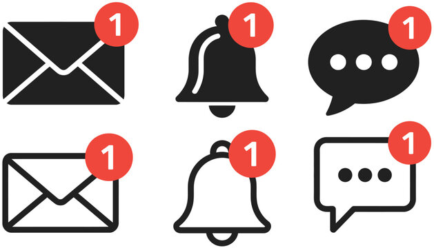 Notification icon set, new email and message icons for social media chat, communication alerts, inbox updates and digital messaging systems