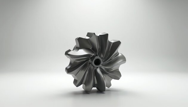 Detailed metal turbine wheel with curved blades is shown. This component is part of engine machinery. It is isolated on a clean white background for clear display.
