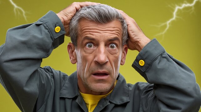 Middle-aged man with gray hair wearing a green work jacket holds his head in shock against a bright yellow background with lightning bolts