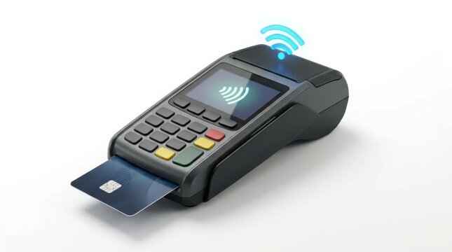 Contactless payment terminal with credit card and wireless signal icon