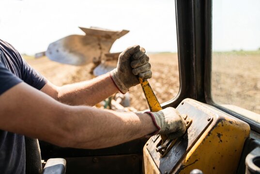 Farmer wearing gloves pulling a yellow metal lever inside the cabin of a heavy agricultural tractor plowing a field
