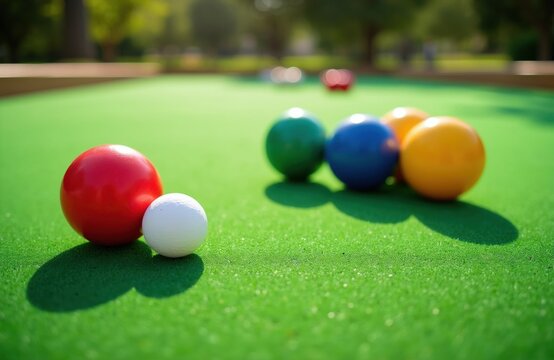 Colorful bocce balls rest on a vibrant green court. These balls are ready for a game on a sunny day. This sport is perfect for outdoor fun and friendly competition with friends.