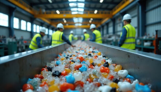 Workers sort colorful plastic pieces on a conveyor belt in a recycling plant. Men in safety vests and hard hats work on material recovery inside an industrial facility, processing waste for reuse.