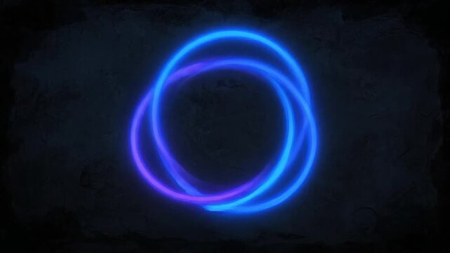 Abstract three interlocking rings in neon blue and purple glowing against dark textured background