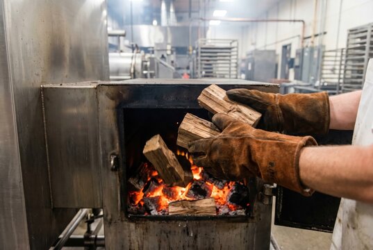Worker wearing heavy heat resistant gloves throwing split wooden logs into the glowing firebox of a large industrial commercial smoker