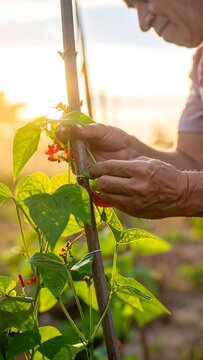 An elderly person's hands carefully tend to red flowering vines climbing a wooden trellis, bathed in golden sunlight. A close-up of the nurturing process