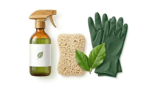Eco-friendly cleaning essentials: green gloves, natural sponge, bamboo spray bottle, and fresh leaves