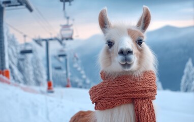 Fototapeta premium Llama Wearing Cozy Scarf on Snowy Slope with Ski Lifts in Background