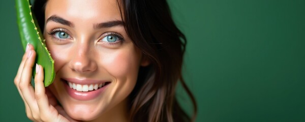 Plakat Young woman smiles holding green aloe vera leaf near face. She has healthy glowing skin. Natural beauty treatment concept for spa and wellness.