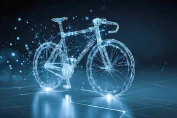 Fototapeta premium Futuristic digital wireframe representation of a racing bike glowing with blue light over a high-tech grid surface in a dark virtual environment