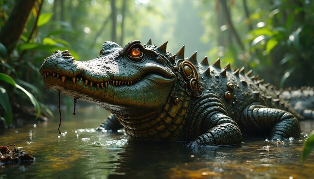 Steampunk crocodile emerges from jungle swamp. Mechanical reptile with gears and rivets moves in murky water. Aquatic creature with metal parts and orange eyes in natural habitat.