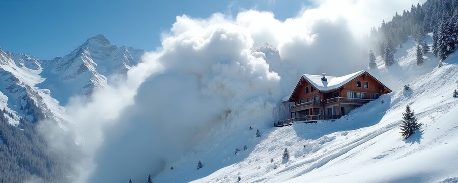 Massive snow avalanche descends upon mountain ski lodge. White powder engulfs building amid snowy peaks. Winter storm creates perilous situation, nature raw power. Dramatic scene illustrates disaster