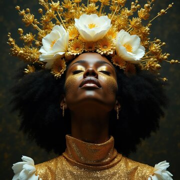 Black woman wears golden floral crown with white flowers, gold glitter on face. Regal portrait, afro hair, looking up, luxurious ornate attire, dramatic lighting, dark background.