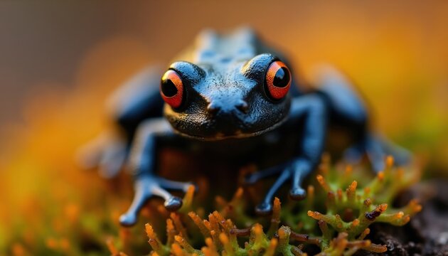 Tiny black frog with vivid orange eyes sits on green mossy ground. Macro detail of wild amphibian in natural habitat. Small creature looks forward, body and limbs visible.