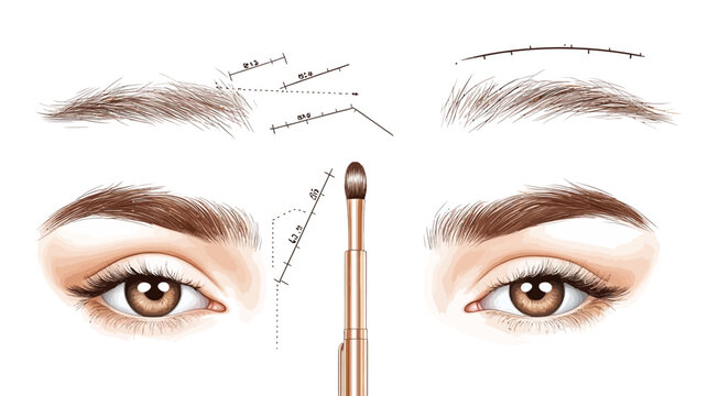 Stylized illustration of eyes with eyebrows, a makeup brush, and dotted lines and measurements