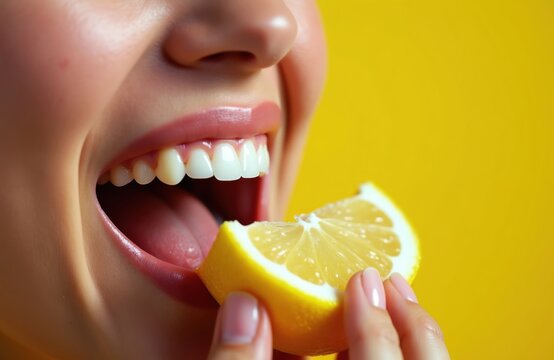 Woman with white teeth bites juicy lemon slice. Fresh citrous fruit refreshment, taste of sourness, healthy snack. Bright yellow background, summer vibe.