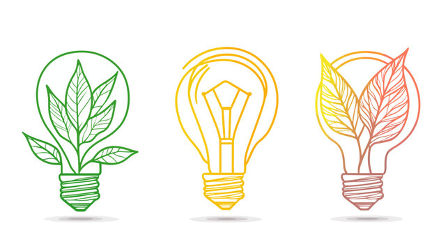 Three stylized lightbulbs, each with a different color scheme, containing either leaves or an inner light structure